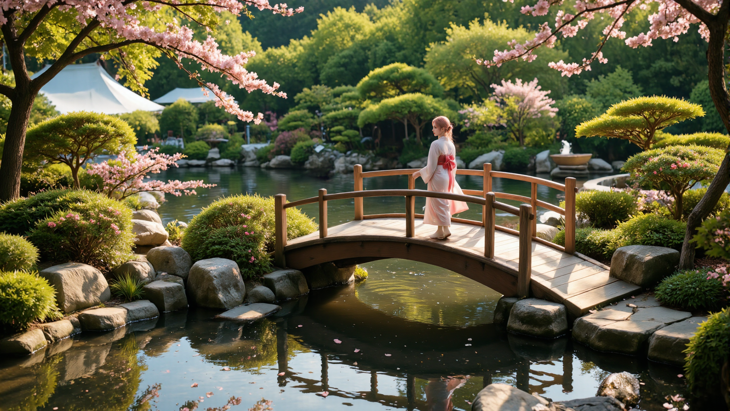 In a serene Japanese garden,a 20-year-old woman with flowing pink hair in a delicate kimono pauses on a wooden bridge,turning her head back to glance at the peaceful riverbank lined with bonsai trees and smooth rocks. Cherry blossoms frame the scene,a soft breeze stirs petals in the air. vivid natural style,gentle sunlight,
<lora:yuukananri-base-02-flux:0.8>,yuukananri,she has a slender physique and a petite build,<lora:aidmaMJ6.1v0.4:0.6>,aidmaMJ6.1,