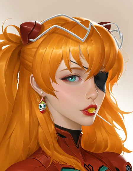 masterpiece, best quality, very aesthetic, gradient background, digital media \(artwork\),  1girl, eyepatch, souryuu asuka langley, solo, earrings, plugsuit, jewelry, lollipop, candy, orange hair, long hair, headgear, portrait, interface headset, lips, looking at viewer, bodysuit, green eyes, nose, two side up, blue eyes, eyelashes, realistic, mouth hold, makeup, freckles, red lips, mascara, eyeshadow, red bodysuit, lipstick, artist: zhongguoduliu <lora:zhongguoduliu Illustrious 0.1-step00000720:0.8>