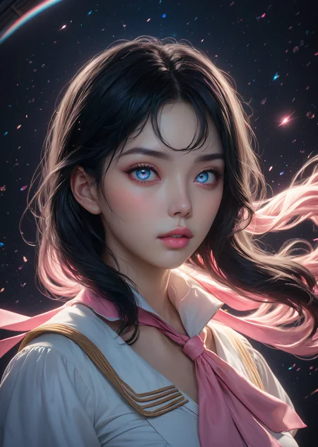 Score_9, score_8_up, score_7_up, score_6 (3D, magical, whimsical, thick lips, pouty lips, realistic)
(high-resolution, detailed texture, atmosphere)
(award winning, stunning, masterpiece, best quality, chiaroscuro, vibrant, colorful, absurdres)
murakami rinon, 1girl, animification, black hair, blue eyes, black sailor collar, holding, holding own hair, looking at viewer, neckerchief, parted lips, pink eyes, pink lips, pink nails, pink neckerchief, portrait, sailor collar, scowl, shirt, solo, white shirt
(natural light, light particles) (detailed image, high resolution, 5k resolution)
<lora:3D_Demon_Grillz:1.2> <lora:SDXLFaeTastic2400:0.75>