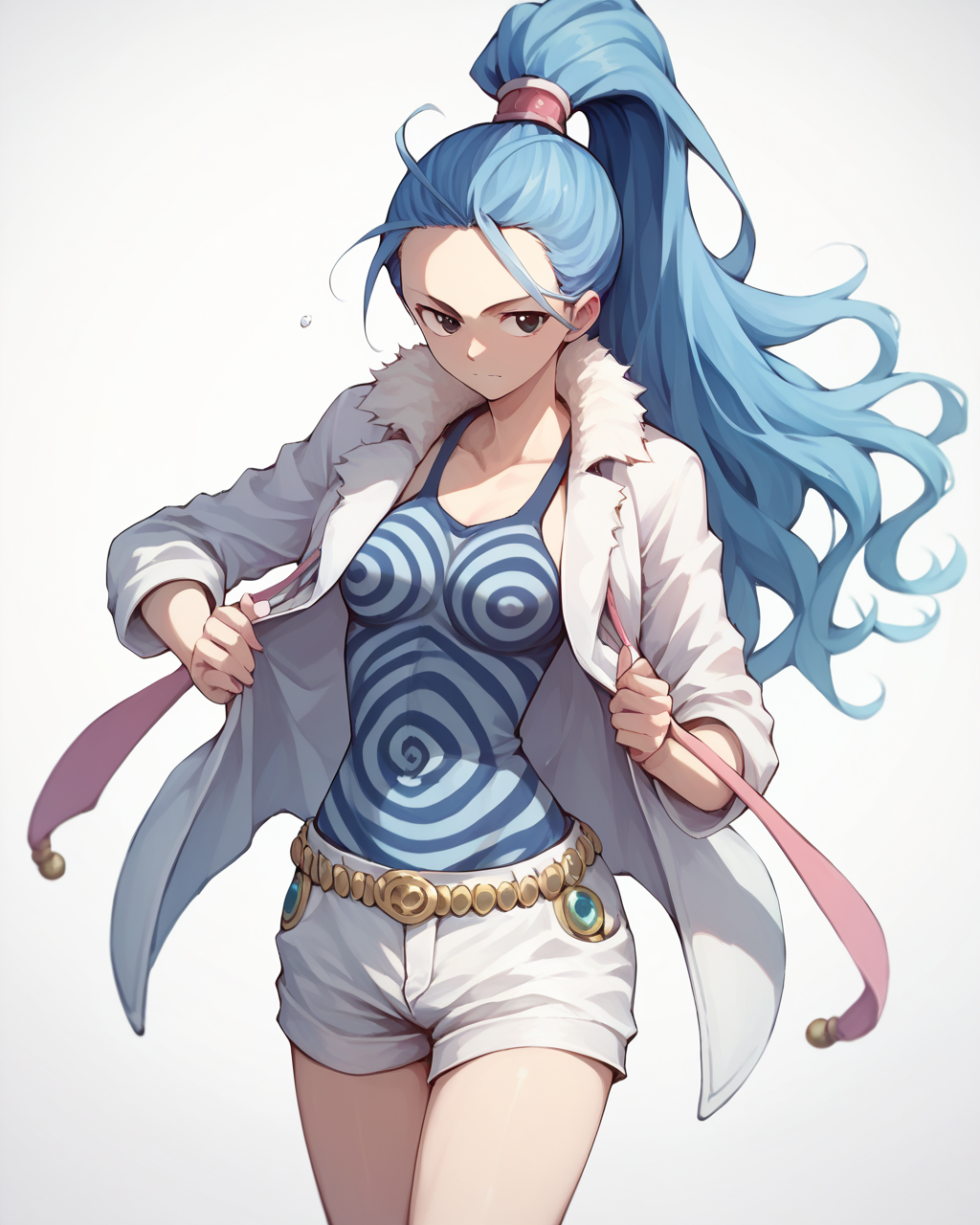 score_9, score_8_up, score_7_up,
<lora:Nefertari_Vivi_PONY:1>,ããã§ã«ã¿ãª ãã,1girl, solo, black eyes,long hair,blue hair,high ponytail,white shorts, open clothes, jacket,