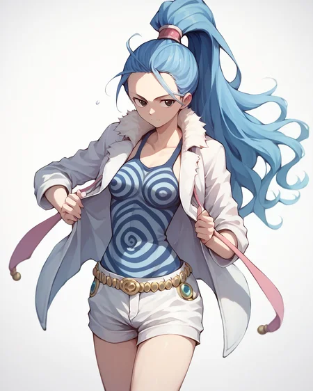 score_9, score_8_up, score_7_up,
<lora:Nefertari_Vivi_PONY:1>,ããã§ã«ã¿ãª ãã,1girl, solo, black eyes,long hair,blue hair,high ponytail,white shorts, open clothes, jacket,