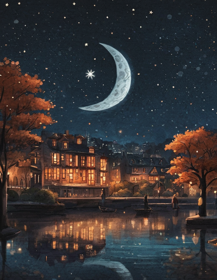 nelli_artstyle, <lora:Nelli_Art_Style:1>,
outdoors, sky, water, tree, no humans, night, moon, building, star (sky), night sky, scenery, starry sky, reflection, city, cityscape, crescent moon