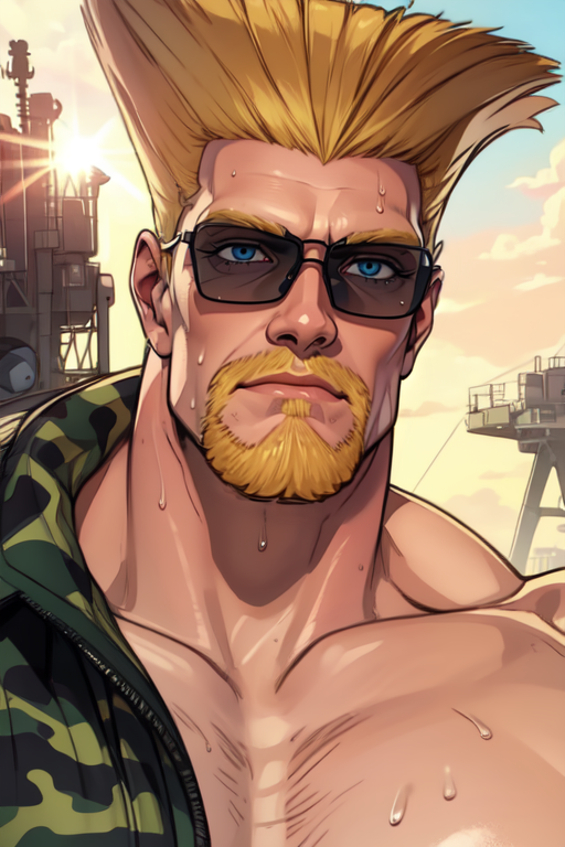Guile, blond hair, flattop,  beard,  shoulder tattoo,  muscular, blue eyes,  looking at viewer,  sunglasses, 
camo pants,   topless male,  sweat,  
Air Force Base, morning, outdoors,  sun, 
upper body,   
(insanely detailed, beautiful detailed face,beautiful detailed eyes, masterpiece, best quality) ,smile, solo, 
 <lora:Guile-10:0.7>