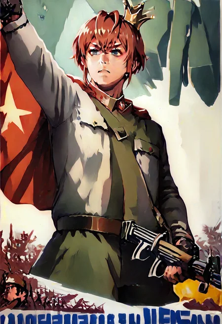 score_9, score_8_up,score_7_up,source_anime, highly detailed, highly detailed eyes, 1boy, solo, male_focus, 1boy,Riddle RoseheartsPDXL,red hair, greys eyes,dormitory uniform, gloves, crown, thigh boots, boots, white pants, high heels, cape, mini crown, black gloves, white jacket, (+ flower),soldier, war, 6+boys, uniform, assault rifle, rifle, male focus, North Korea, silhouette, hat, military, weapon,soviet poster