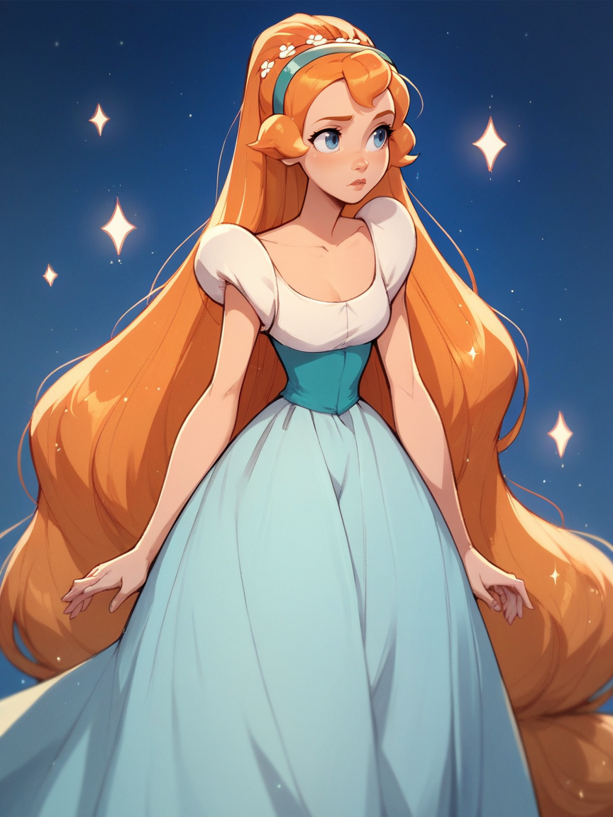 score_9, score_8_up, score_7_up, score_6_up, score_5_up,   <lora:ThumbelinaXLP:1> thumbelina, 1girl, solo, dress, hairband, blue eyes, very long hair, orange hair, sparkles, night sky,