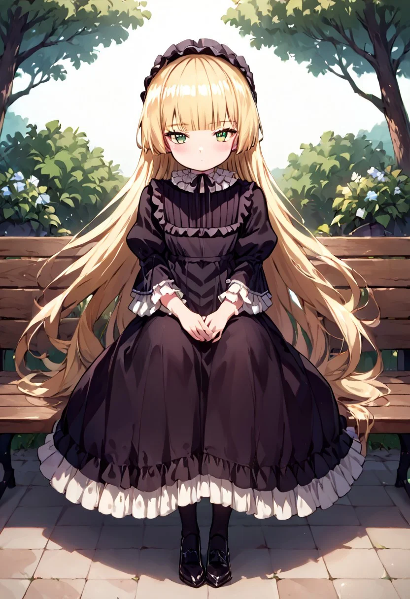 score_9, score_8_up, score_7_up, Expressiveh, source_anime, 1girl, solo, flat chest, expressionless, blush, victorique de blois, blonde hair,long hair,blunt bangs,green eyes,black bonnet, hairband,chin strap,victorique_clothes,gothic, black dress, long dress, ribbon, frills,pantyhose,black shoes, indoor, highly detailed, tree, garden, glass skylight, wooden bench, sit,