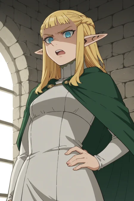 score_9, score_8_up, score_7_up, source_anime, 1girl, prefect lighting, very aesthetic, intricate details, highly detailed background, masterpiece, high quality, prefect hands, best quality, solo,
<lora:Pattadol_Dungeon_Meshi_V1:.85>, blonde hair, light blue eyes, pointy ears, pointy nose, braid, long hair,
green cape, white turtleneck dress, long sleeves,
from below, angry, shaded face, standing, hand on hip, open mouth, teeth,
dungeon, stone wall, dark, dim lights,
(Beautiful, small Breasts:1.2), natural breasts,