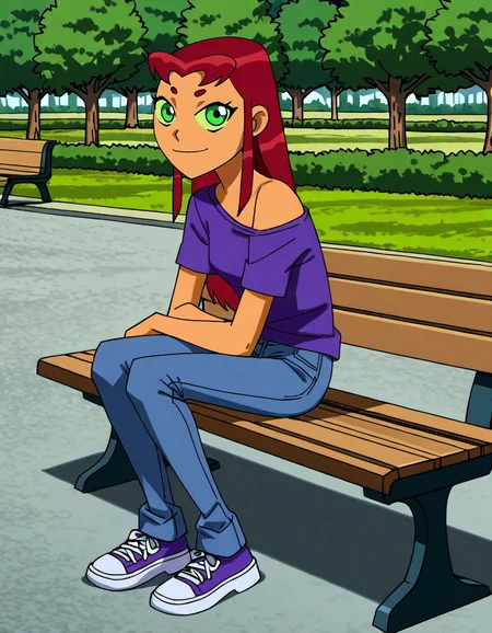 <lora:StarfireIllustrious2.0JLFO:1>, StarfireTT, solo, orange skin, red hair, long hair,green eyes, green sclera, 1girl, looking at viewer, ,t-shirt, jeans, sneakers, park, casual, off shoulder, sitting, bench, smile,