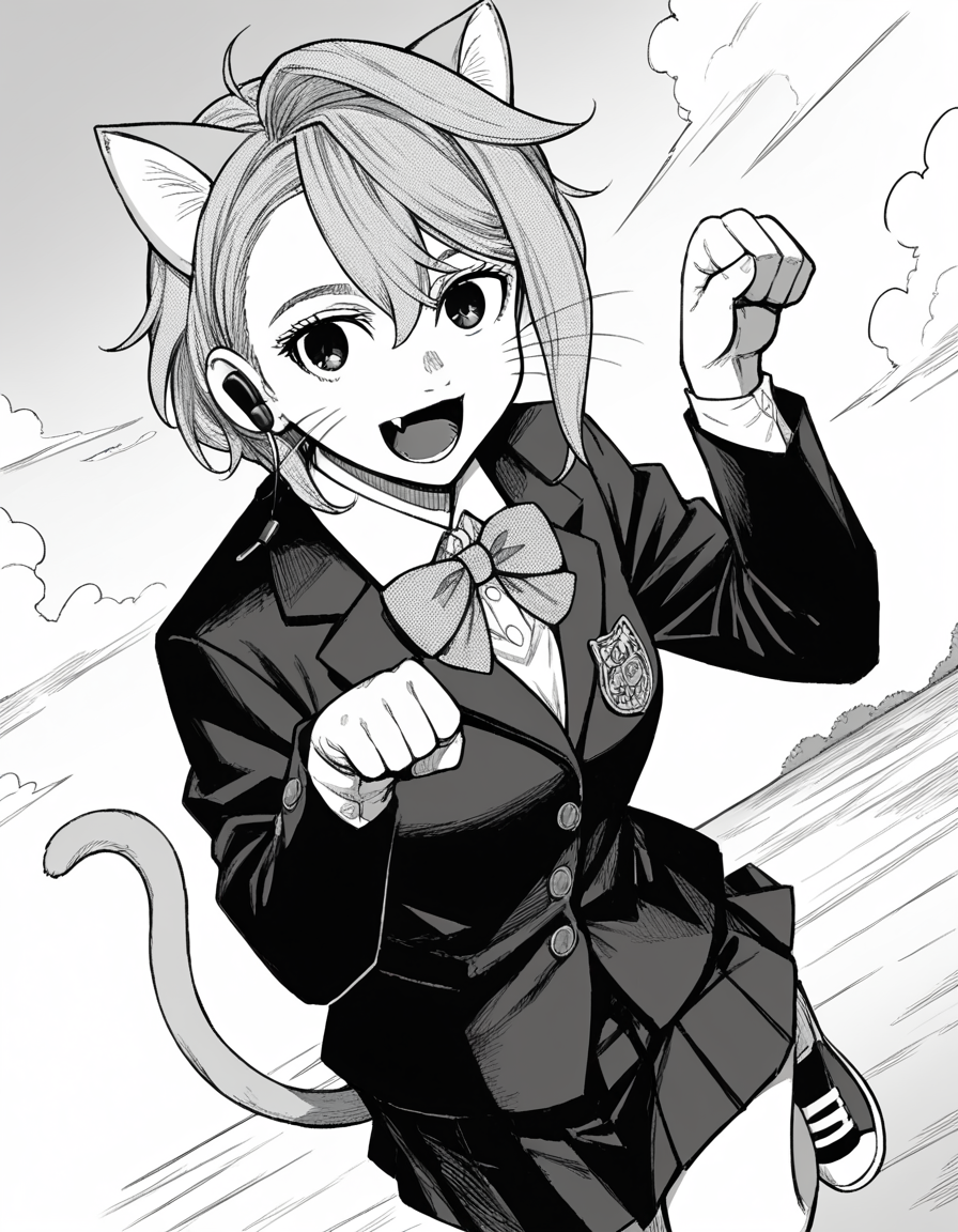 score_9, score_8_up, score_7_up, source_anime, <lora:aira-shiratori-manga-ponyxl-lora-nochekaiser:1>, aira shiratori, monochrome, greyscale, short hair, sidelocks, bangs, hair between eyes, medium breasts,, skirt, shirt, bow, school uniform, jacket, pleated skirt, collared shirt, bowtie,, suburban neighborhood, morning jog, earphones, running shoes, fresh air, sunrise, smile, <lora:paw-pose-ponyxl-lora-nochekaiser:1>, paw pose, cat ears, cat tail, animal ears, tail, cat girl, open mouth, fang, whiskers,, looking at viewer, solo,, dutch angle, cowboy shot
