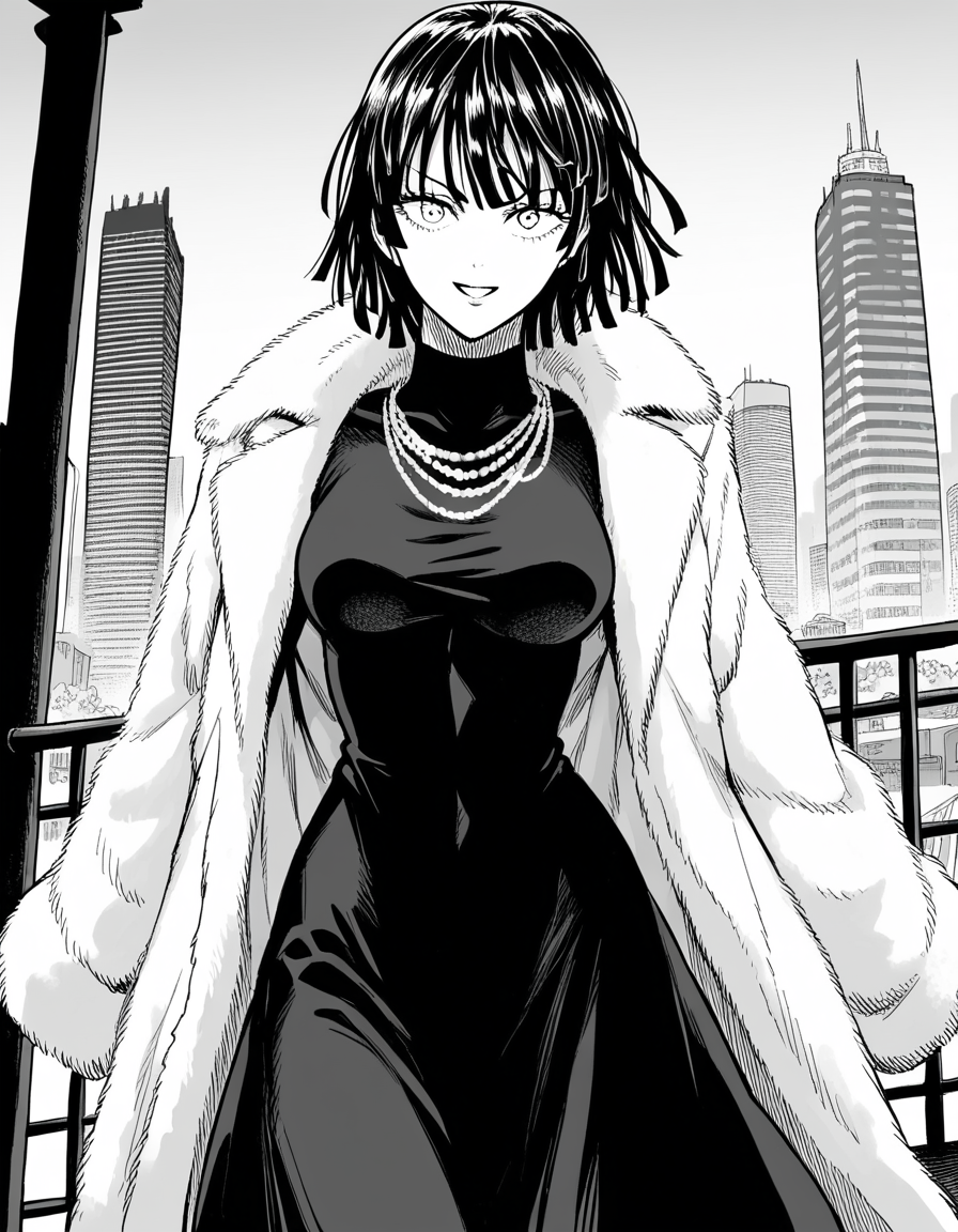 score_9, score_8_up, score_7_up, source_anime,
fubuki, <lora:opm-fubuki-manga-ponyxl-lora-nochekaiser:1>,
fubuki, fubuki \(one-punch man\), black hair, medium hair, monochrome, greyscale,
black dress, dress, fur coat, high collar, jewelry, necklace, off shoulder, taut clothes, taut dress,
outdoors, cityscape, smile,
looking at viewer, cowboy shot, solo, dutch angle,