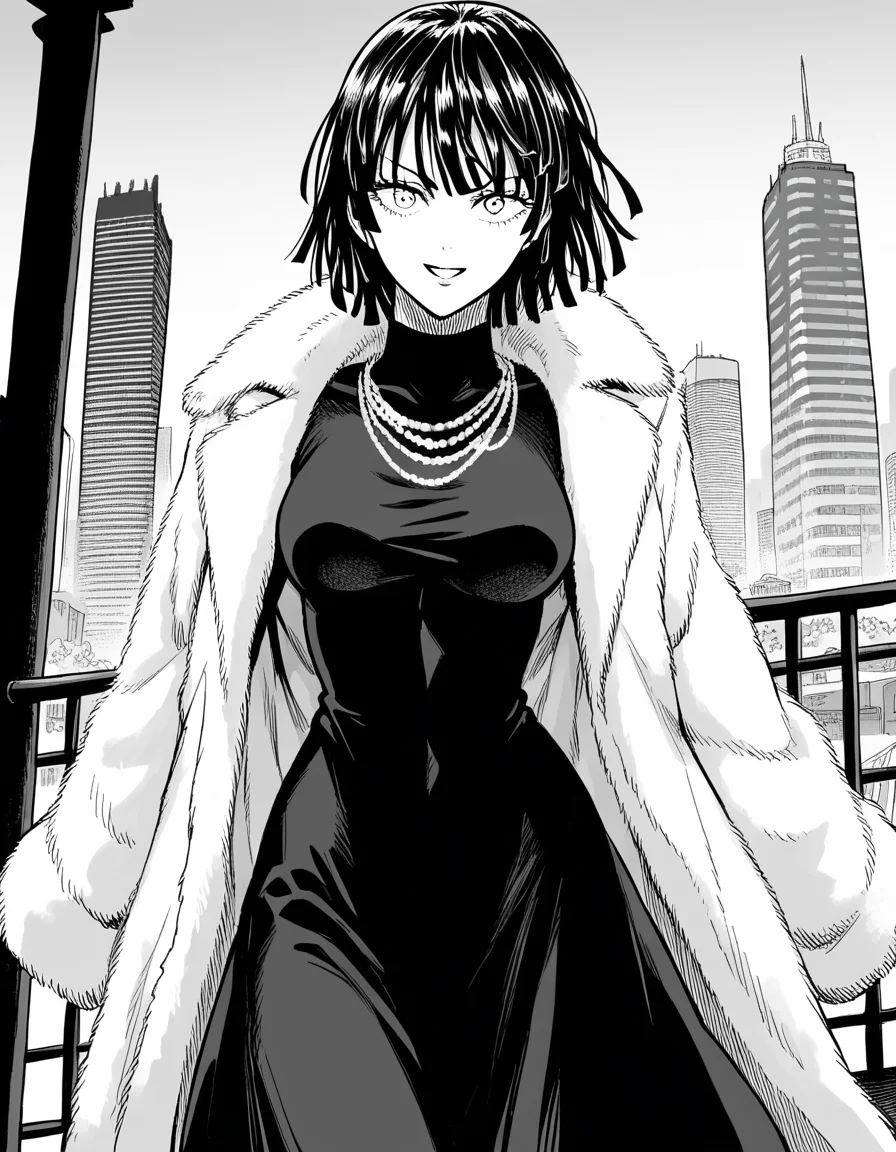 score_9, score_8_up, score_7_up, source_anime,
fubuki, <lora:opm-fubuki-manga-ponyxl-lora-nochekaiser:1>,
fubuki, fubuki \(one-punch man\), black hair, medium hair, monochrome, greyscale,
black dress, dress, fur coat, high collar, jewelry, necklace, off shoulder, taut clothes, taut dress,
outdoors, cityscape, smile,
looking at viewer, cowboy shot, solo, dutch angle,