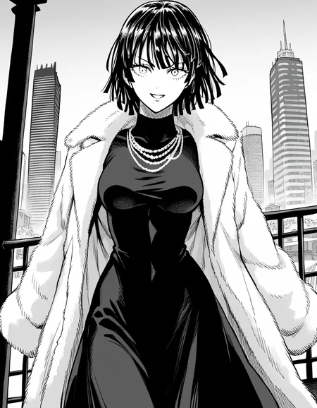 score_9, score_8_up, score_7_up, source_anime,
fubuki, <lora:opm-fubuki-manga-ponyxl-lora-nochekaiser:1>,
fubuki, fubuki \(one-punch man\), black hair, medium hair, monochrome, greyscale,
black dress, dress, fur coat, high collar, jewelry, necklace, off shoulder, taut clothes, taut dress,
outdoors, cityscape, smile,
looking at viewer, cowboy shot, solo, dutch angle,