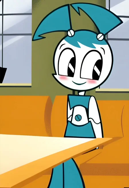 proper proportions, extremely detailed, on model, accurate art style, anime screencap, cartoon screencap, official screencap, style parody, BREAK, 1girl, Jenny_XJ9, jenny wakeman, robot, robot joints, black eyes, twintails, android, blue hair, joints, tank top, skirt, sitting in a restaurant booth, looking at side, blush, shy smile, restaurant background, detailed background