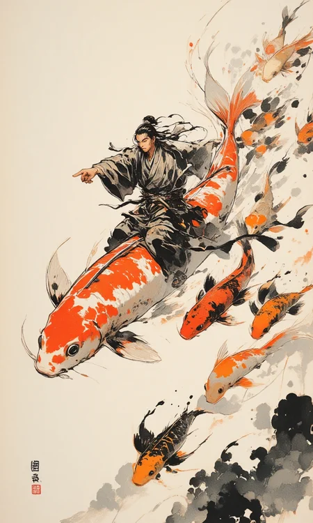A man in Hanfu rides on the head of a koi, pointing his finger in the direction of the koi, and many koi follow behind the koi's tail, ancient Chinese rice paper scroll, ancient Chinese simple painting, blank view, yarn material, artistic conception ink painting, Buddhist artistic conception, song dynasty, minimum color gamut, layering, soft light, depth of field, blurred background, blurred edges, ink illustration, Dunhuang color system<lora:flux1-D\flux.1_lora_flyway_ink-dynamic.safetensors:0.3:1.0> <lora:flux1-D\Comic book V2.safetensors:0.5:1.0>