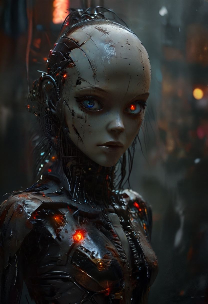 8k, highly detailed, cyberpunk setting, colourful, neon, moody, claustrophobic, dramatic shadows, specular highlights, nighttime, street level, smokey, dirty, neon, shadowrun, raining, black sky,
(Head and shoulders shot),((complete) body in white metal and chrome:1.4), (no skin),
Internal parts exposed, internal neon,
female robot, metallic torso, metal upper body, unnaturally skinny robotic arms, (robotic head blending with pretty human face), detailed face and eyes,  red and black wires for hair, (unnatural glowing blue eyes:1.5), unnaturally long robotic neck, robotic ears, glowing inside, 
chrome joints, highly detailed, unnaturally thin, in profile, movement, looking at viewer,
deep shadows, UDH, HDR, high contrast, dark detailed environment, crowded streets at night,