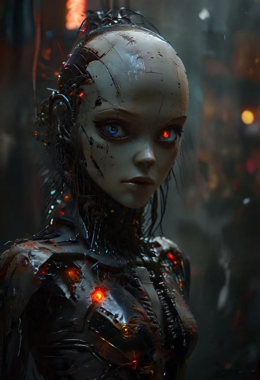 8k, highly detailed, cyberpunk setting, colourful, neon, moody, claustrophobic, dramatic shadows, specular highlights, nighttime, street level, smokey, dirty, neon, shadowrun, raining, black sky,
(Head and shoulders shot),((complete) body in white metal and chrome:1.4), (no skin),
Internal parts exposed, internal neon,
female robot, metallic torso, metal upper body, unnaturally skinny robotic arms, (robotic head blending with pretty human face), detailed face and eyes,  red and black wires for hair, (unnatural glowing blue eyes:1.5), unnaturally long robotic neck, robotic ears, glowing inside, 
chrome joints, highly detailed, unnaturally thin, in profile, movement, looking at viewer,
deep shadows, UDH, HDR, high contrast, dark detailed environment, crowded streets at night,