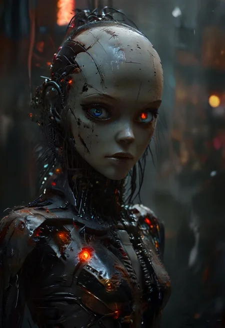 8k, highly detailed, cyberpunk setting, colourful, neon, moody, claustrophobic, dramatic shadows, specular highlights, nighttime, street level, smokey, dirty, neon, shadowrun, raining, black sky,
(Head and shoulders shot),((complete) body in white metal and chrome:1.4), (no skin),
Internal parts exposed, internal neon,
female robot, metallic torso, metal upper body, unnaturally skinny robotic arms, (robotic head blending with pretty human face), detailed face and eyes, red and black wires for hair, (unnatural glowing blue eyes:1.5), unnaturally long robotic neck, robotic ears, glowing inside,
chrome joints, highly detailed, unnaturally thin, in profile, movement, looking at viewer,
deep shadows, UDH, HDR, high contrast, dark detailed environment, crowded streets at night,