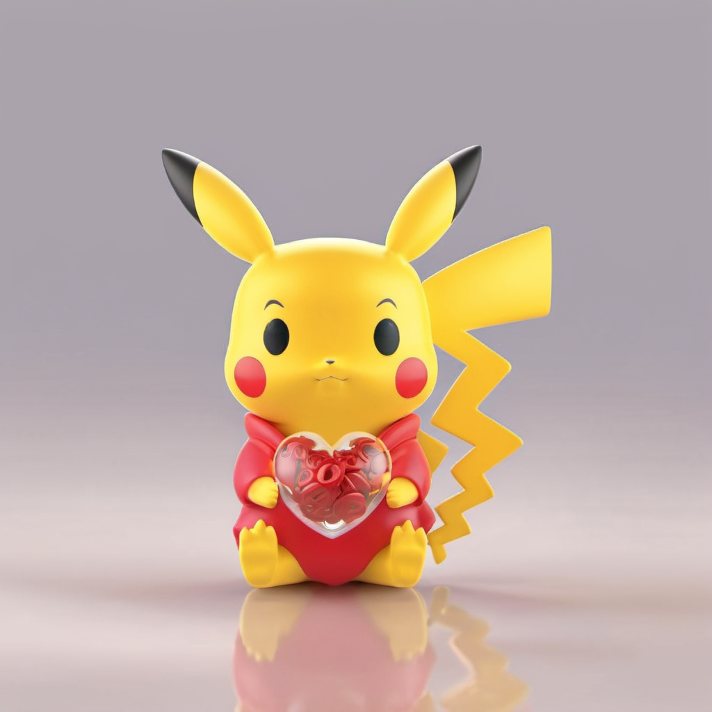 pop Pikachu made of plastic holding a heart sitting on the ground, chibi, cute,(big head:1.2),small body,octane render, highly detailed, volumetric, dramatic lighting, <lora:pop:1>