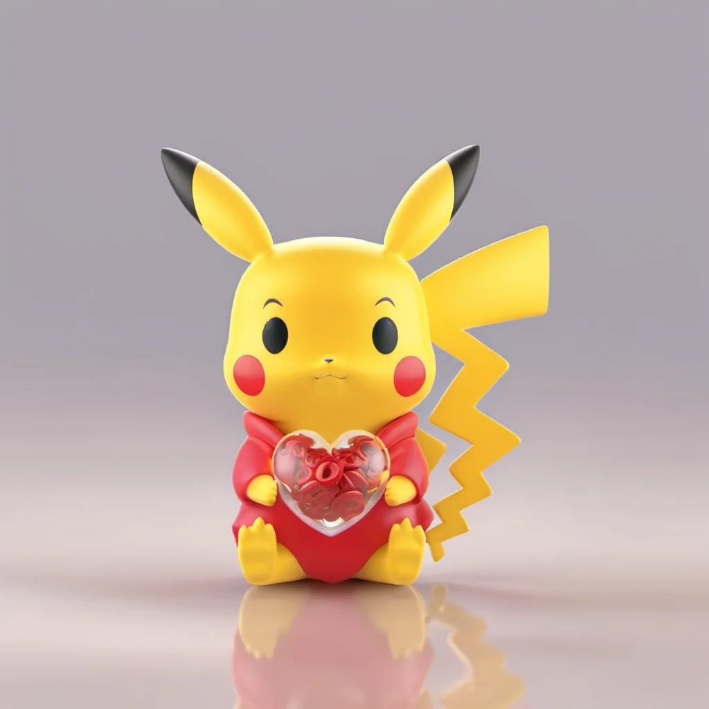 pop Pikachu made of plastic holding a heart sitting on the ground, chibi, cute,(big head:1.2),small body,octane render, highly detailed, volumetric, dramatic lighting, <lora:pop:1>