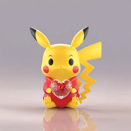 pop Pikachu made of plastic holding a heart sitting on the ground, chibi, cute,(big head:1.2),small body,octane render, highly detailed, volumetric, dramatic lighting, <lora:pop:1>