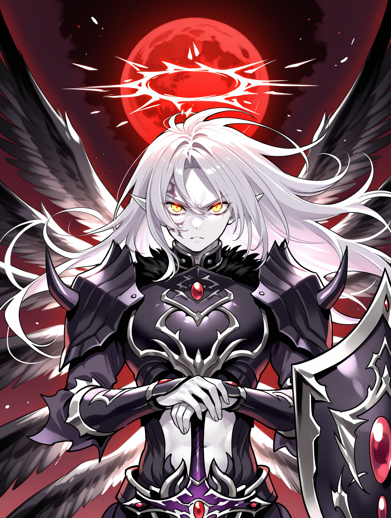1boy,male focus,the first darklord,solo,looking at viewer,black shield,holding black shield,closed mouth,red halo,white skin,facial tattoo,navel,upper body,midriff,sketch,angel,black angel wings,black armor,black breastplate,black pauldrons,black vambraces,multiple wings,dark theme, purple sword, hands on hilt, floating hair, parted lips, red moon, glowing eyes, serious, 
masterpiece,best quality,amazing quality,very aesthetic,absurdres,newest,<lora:The first DarkLord illusXL v1:0.77>,<lora:wai-2Rectified-V140:0.7>,