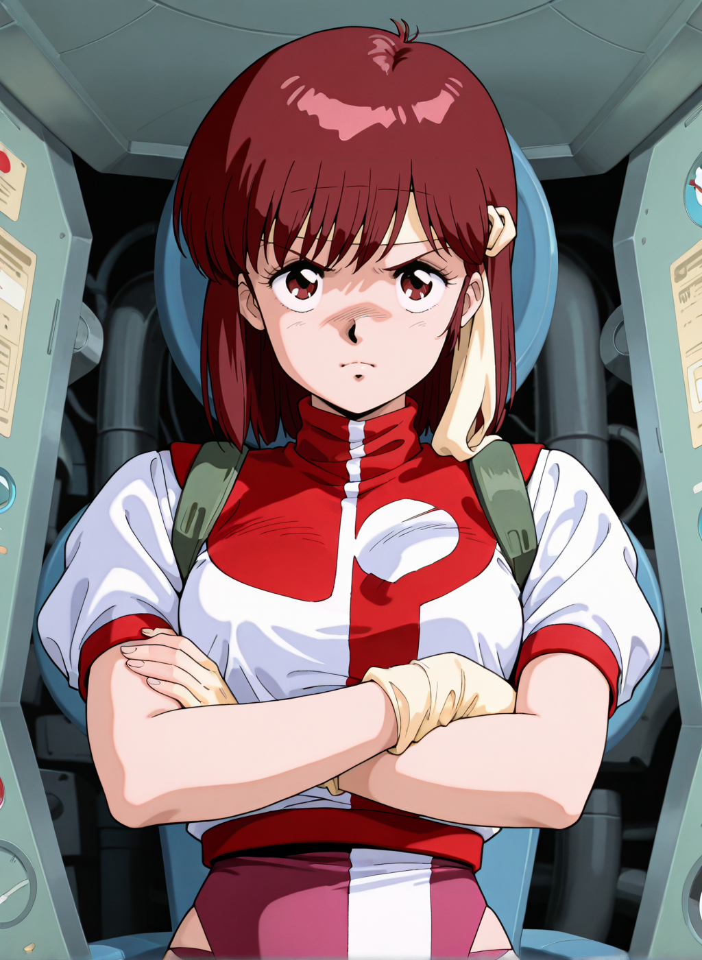 High quality,Ultra detailed,best quality,insanely detailed,beautiful,masterpiece,absurdres,very aesthetic,sensitive BREAK
<lora:takaya_noriko_V1_NOOB:1>,(takaya noriko, top wo nerae, red hair, short hair, brown eyes, 1980s \(style\), retro artstyle),(pink leotard,uniform,turtleneck,short sleeves,puffy sleeves),1girl,solo,posing,indoors,cockpit,serious,arms crossed,bandana,science fiction,