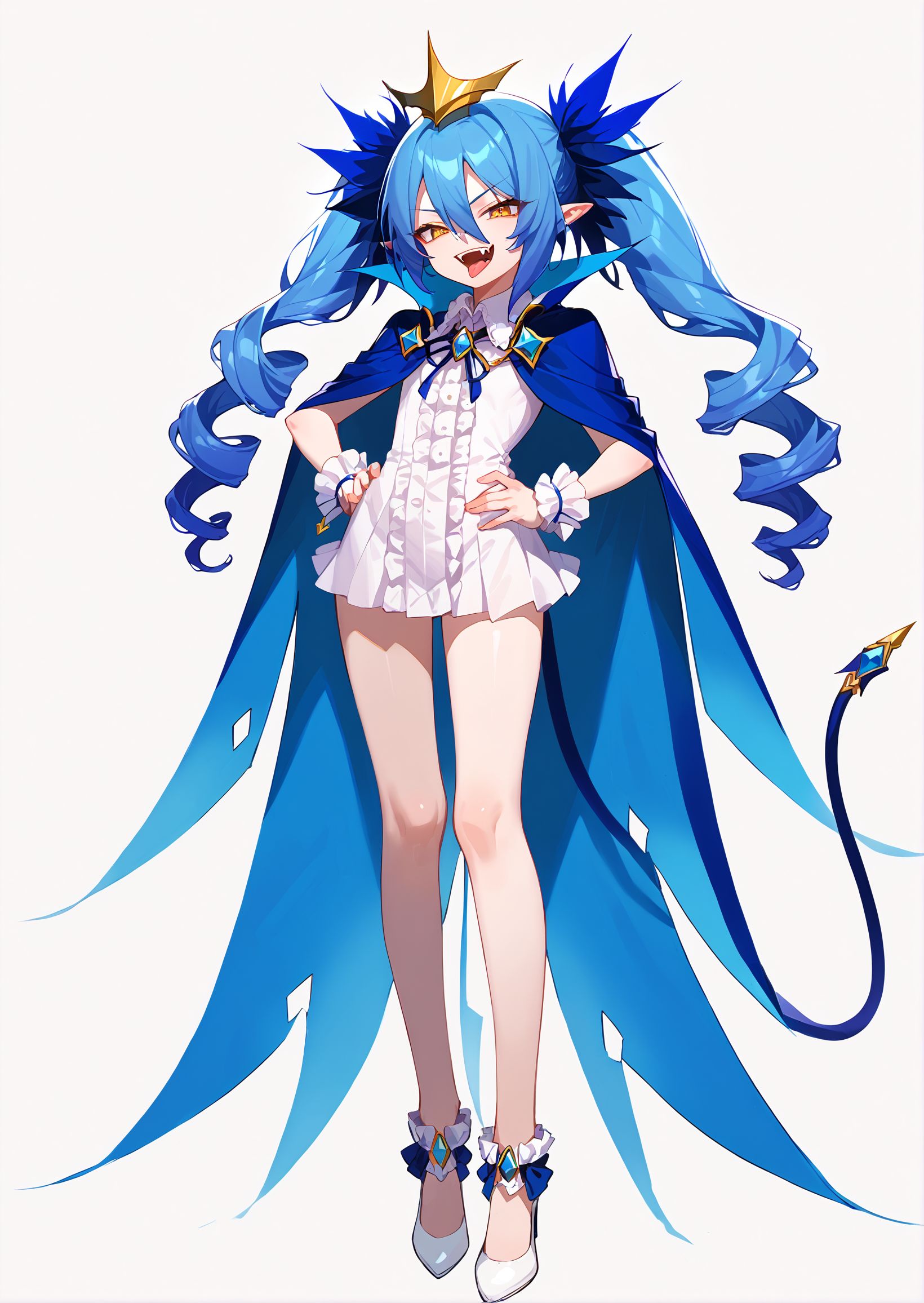 score_9,score_8_up,score_7_up,masterpiece, best quality, <lora:WHM 0.2v:0.5>, WHM, 2D,anime, 
 1girl, lewisia, bangs, blue hair, crown, drill hair, fangs, hair between eyes, long hair, pointy ears, twin drills, twintails, yellow eyes, tongue out, fangs, tail, blue cape, white short dress, frills, white high heels, hands on hips, standing, full body, smile, standing, looking at viewer, solo, simple background, white background <lora:LewisiaXL_byKonan:1>