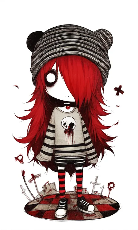 score_9, score_8_up, score_7_up, score_6_up, score_5_up, score_4_up, 2000s emo, long hair, full body, hair over one eye, clothed, white background, hair, shirt, humanoid, choker, female, striped socks, red hair, striped, safe, solo, chibi, simple background, clothing, o_o, undead, 1girl <lora:ponydiffusionv6_2000s_emov2:1>