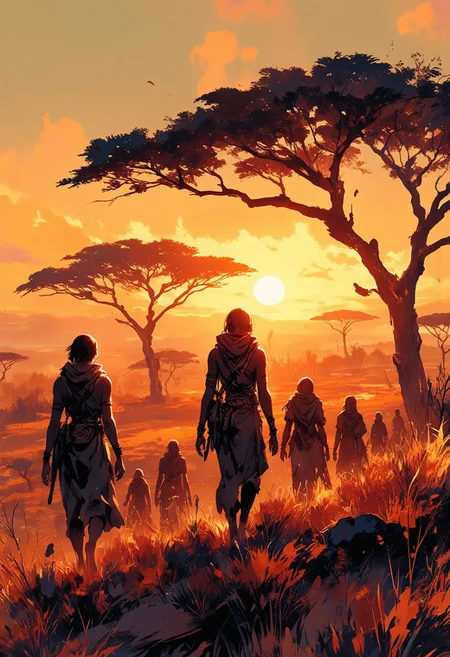 Mh1$AgThS2, intricate linework with expressive contrasts, soft lighting with dynamic highlights, image of African tribeswomen walking across a grassy savannah with acacia trees, silhouetted at sunset, chiascuro, In the style of ff-td