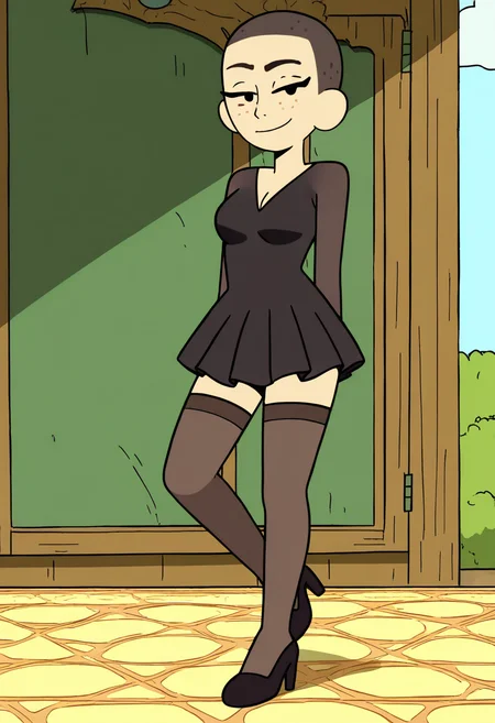 masterpiece, best quality, absurdes, 1girl, solo, rating_explicit, full body,
source_cartoon,
<lora:Kat (Craig of the Creek) (Illust):0.8> Kat_CotC, black eyes, freckles, very short hair, smile, black eyes,
beautiful, cute, black dress, minidress, pleated skirt, thigh highs, high heels, outdoors, smug, mature female, medium breasts,
<lora:Detailer_NoobAI_Incrs_v1:0.4> detailed,