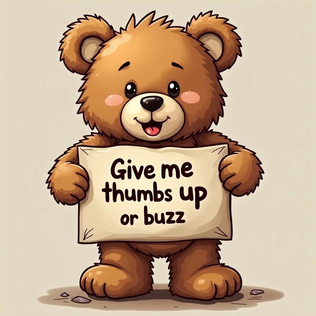 cute teddy bear holding a sign it says "give me thumbs up or buzz"