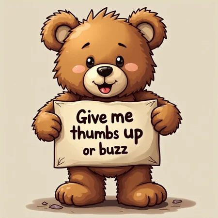 cute teddy bear holding a sign it says "give me thumbs up or buzz"