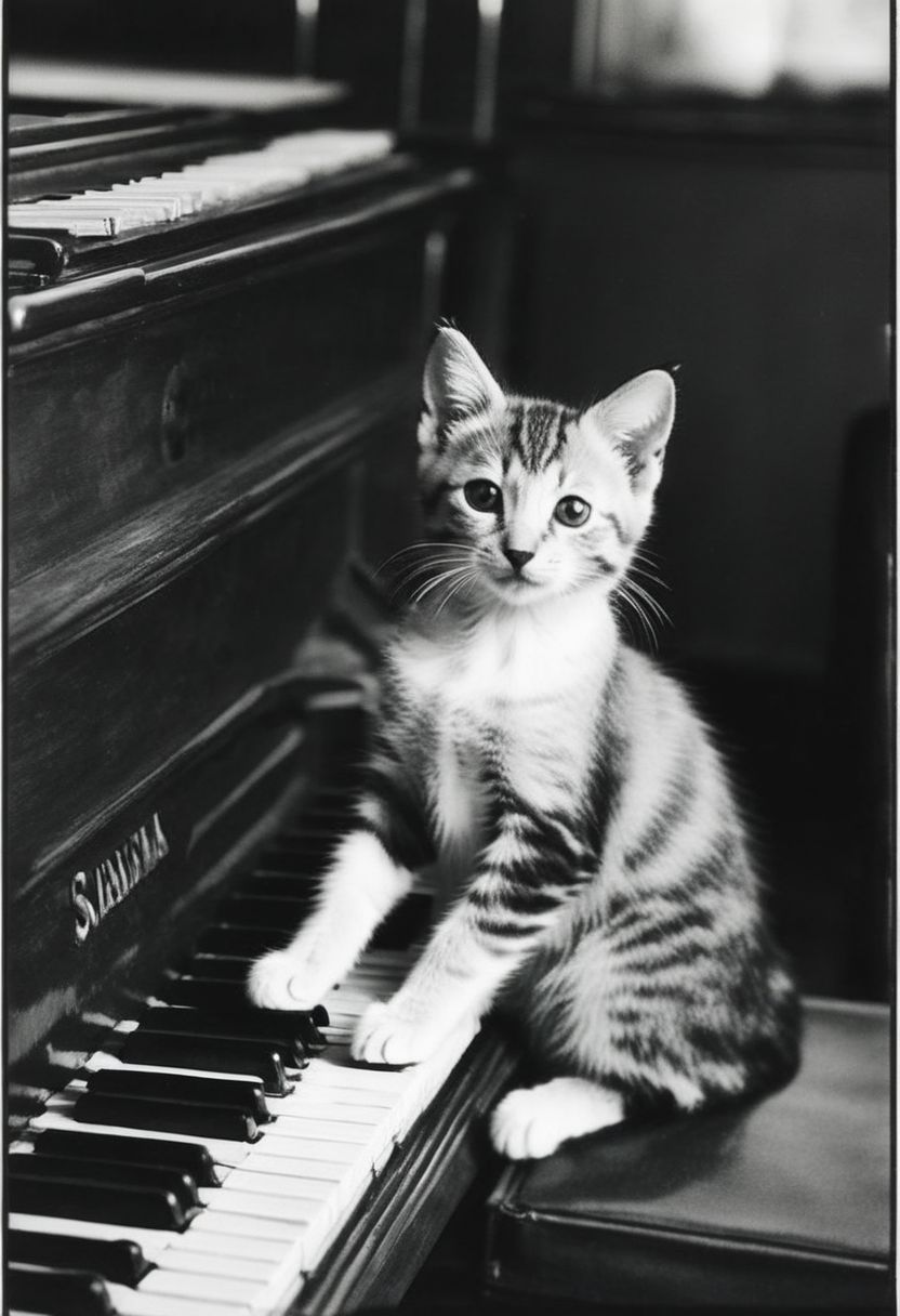 Kitten using tiny paws to press ivory keys on an old grand piano, tail swaying to unseen melodies, concentrated gaze, beloved feline playing music, black and white image, real, vintage style, ambient lighting, focused foreground, blurred background, timeless moment, high contrast, monochrome, grainy texture, film emulation, 35mm.