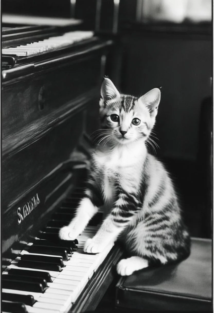 Kitten using tiny paws to press ivory keys on an old grand piano, tail swaying to unseen melodies, concentrated gaze, beloved feline playing music, black and white image, real, vintage style, ambient lighting, focused foreground, blurred background, timeless moment, high contrast, monochrome, grainy texture, film emulation, 35mm.