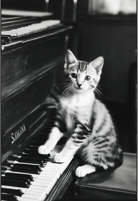 Kitten using tiny paws to press ivory keys on an old grand piano, tail swaying to unseen melodies, concentrated gaze, beloved feline playing music, black and white image, real, vintage style, ambient lighting, focused foreground, blurred background, timeless moment, high contrast, monochrome, grainy texture, film emulation, 35mm.