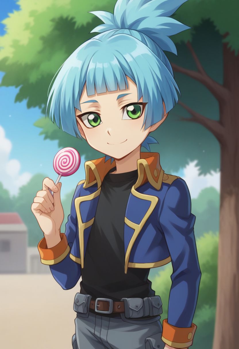 score_9, score_8_up, score_7_up, source_anime, highly detailed, 
sora, solo, food, 1boy, candy, male focus, green eyes, lollipop, blue hair, blunt bangs, smile, ponytail, belt, jacket, blue jacket, open jacket, shirt, black shirt, long sleeves,
outdoor, sky, tree,
