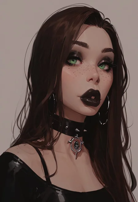 score_9, score_8_up, score_7_up, score_6_up, score_5_up, score_4_up, goth girl, gothic,  egirlmake up, choker, (beautiful face, cute face, 18 years old) Expressiveh, ASCII 1 girl, brown hair, green eyes, black latex outfit, medium breasts, upper body, photoshoot, 4k, big lips, choker, heavy make up, black lipstip, eyeliner, long hair, freckles