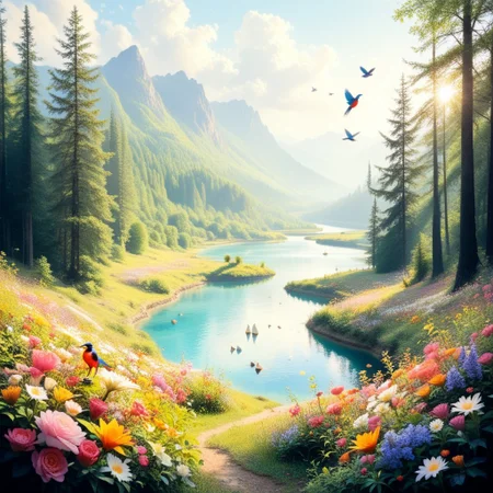 score_9, score_8_up, score_7_up, RI1, forest, blue sky, birds, flowers, sunshine, lake, high contrast, high definition, Rim Lighting