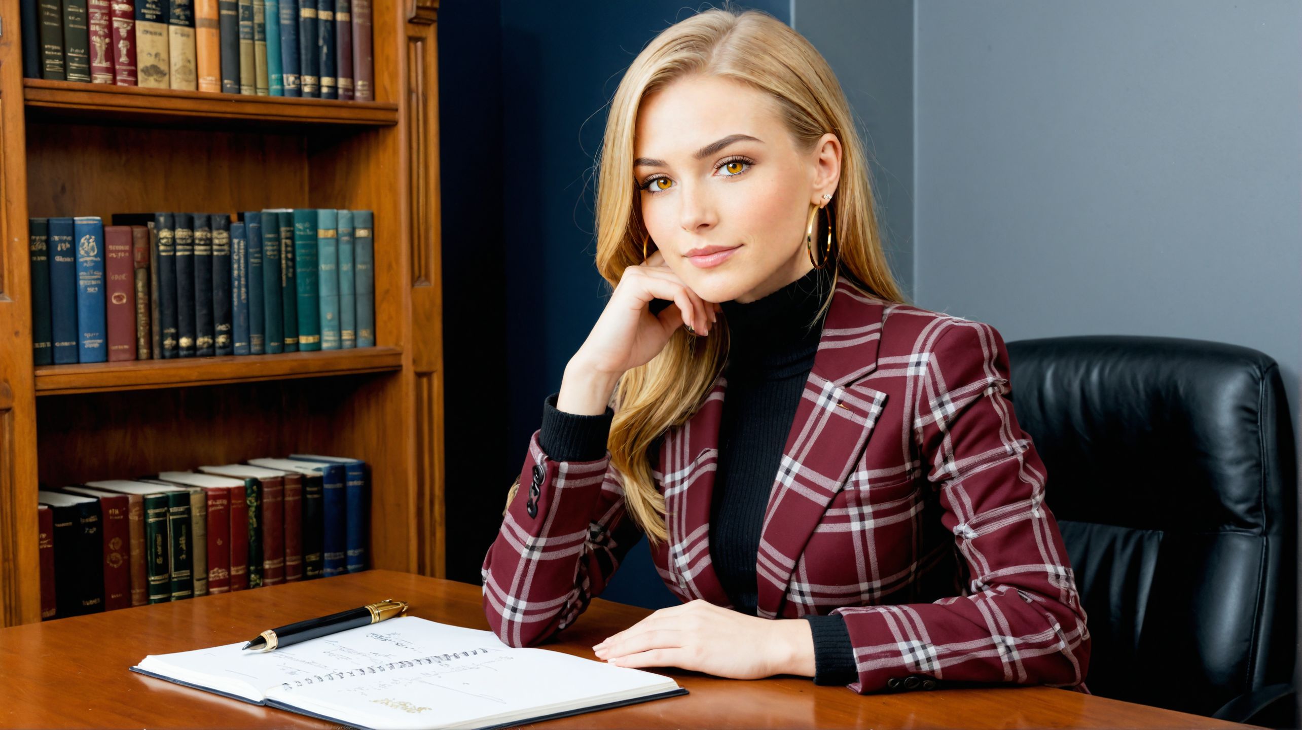 sdxl_madejanss, medium length hair, (modest professional attire), 24 years old, (style of Peter Lindbergh) private office with a classic yet modern aesthetic, female legal consultant sitting gracefully on the edge of a polished wooden desk, legs crossed, calm but intense gaze, wearing a fitted blazer with subtle plaid pattern over a cashmere turtleneck in dark burgundy, high-waisted trousers with a sleek silhouette, delicate gold hoop earrings, warm lighting with soft shadows, shelves of legal books behind her, leather-bound planner and fountain pen on the desk, understated elegance and sophistication, poised and confident professional atmosphere, yellow eyes