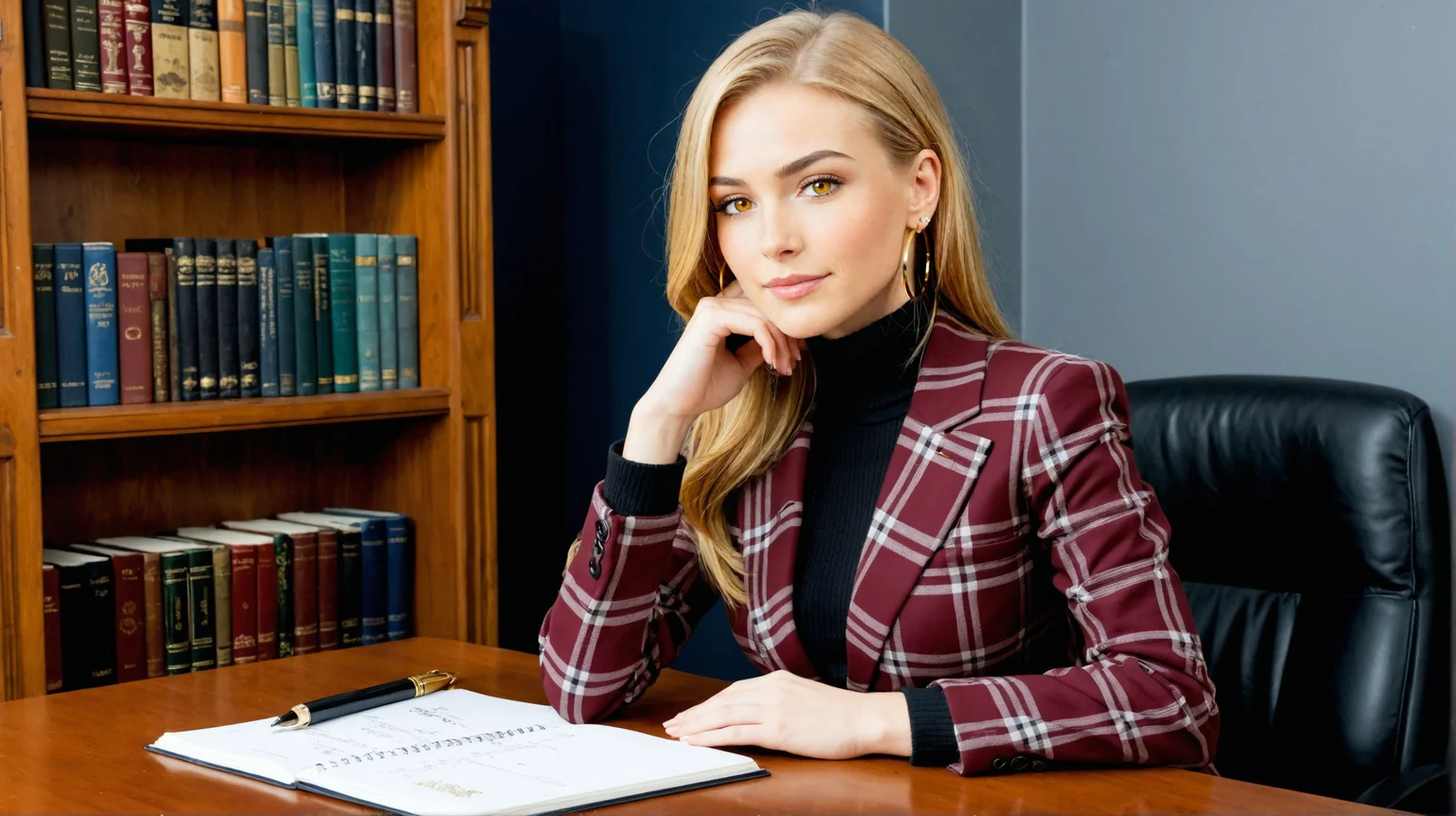 sdxl_madejanss, medium length hair, (modest professional attire), 24 years old, (style of Peter Lindbergh) private office with a classic yet modern aesthetic, female legal consultant sitting gracefully on the edge of a polished wooden desk, legs crossed, calm but intense gaze, wearing a fitted blazer with subtle plaid pattern over a cashmere turtleneck in dark burgundy, high-waisted trousers with a sleek silhouette, delicate gold hoop earrings, warm lighting with soft shadows, shelves of legal books behind her, leather-bound planner and fountain pen on the desk, understated elegance and sophistication, poised and confident professional atmosphere, yellow eyes