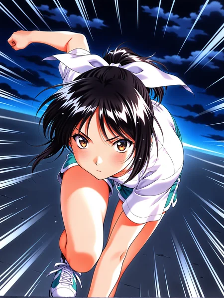 masterpiece,best quality,newest,
1girl,solo,
<lora:morii_kaho_ilxl_v1.0:1>,kaho,black hair,white hair bow,ponytail,brown eyes,short sleeves,shirt,dolphin shorts,sneakers,
<lora:Fixhands_anime_bdsqlsz_V1:1>,dynamic_angle,cinematic_angle,glowing eyes,(motion_blur:1.3),(motion line:1.2),(speed_lines:1.1),aura effect,dark cloud,leaning_forward,running,pov,looking_at_viewer,front view,bent over,looking ahead,glow eyes,expressionless,v-shaped eyebrows,ground,