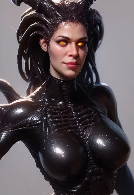 rating questionable, score_9, score_8_up, score_8. score_9, score_8_up, score_7_up, score_6_up, pin up art, pin up art, voluptuous buxom milf, magical blue gray skin, xenomorph legs, tentacle hair, glowing orange eyes, wet black latex bodysuit, chrome antelope antlers, shy dancing, face focus, talking