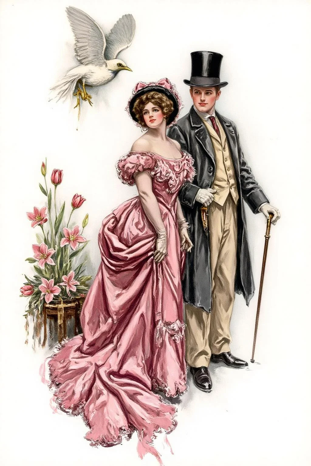 hafisher1 illustration.
A fashionable Victorian-era couple. The woman wears a striking pink bustle gown adorned with intricate lace and ruffles, a matching hat with a delicate bow, and an elegant mask. She glances back with poise and grace. The gentleman, dressed in a black top hat, dark coat, and beige trousers, holds a cane and gloves, exuding sophistication. They stand back to back, framed by blooming tulips and lilies, while birds soar gracefully above, adding a dynamic touch to the romantic and refined scene <lora:hafisher1_cap_d6a3e12:1.0><lora:829872430165065051:0>