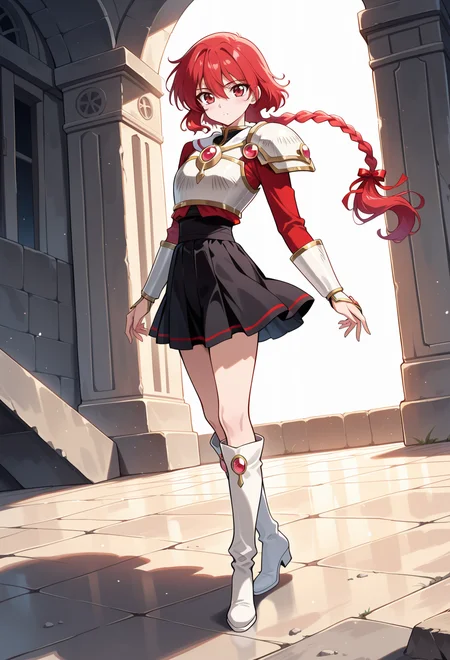 masterpiece, best quality, high quality, anime, solo, <lora:AEHikaruillx:1>
AEHikaruKnight, red eyes, red hair, braided ponytail, hair between eyes, hair ribbon, long braid, long hair, single braid, armor, breastplate,pauldrons, shoulder amor, gem, black skirt, boots, kneeboots, white footwear,
full body,