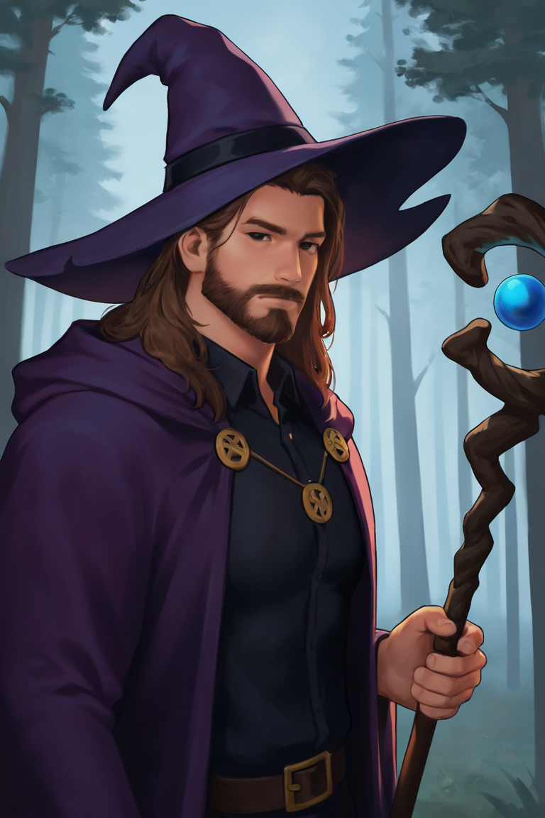 masterpiece, best quality, highres, newest, 1boy, solo, male focus, mature male, wizard, long hair, brown hair, black eyes, looking at viewer, hat, facial hair, beard, mustache, staff, wizard hat, purple hat, black shirt, collared shirt, robe, purple robe, hooded cloak, holding, holding staff, upper body, closed mouth, standing, outdoors, forest, nature, tree, fog, dark background <lora:NAI3 Smooth Boys - Colored Skin [LoRA] - NoobAI-XL EPS 1.0:0.8>