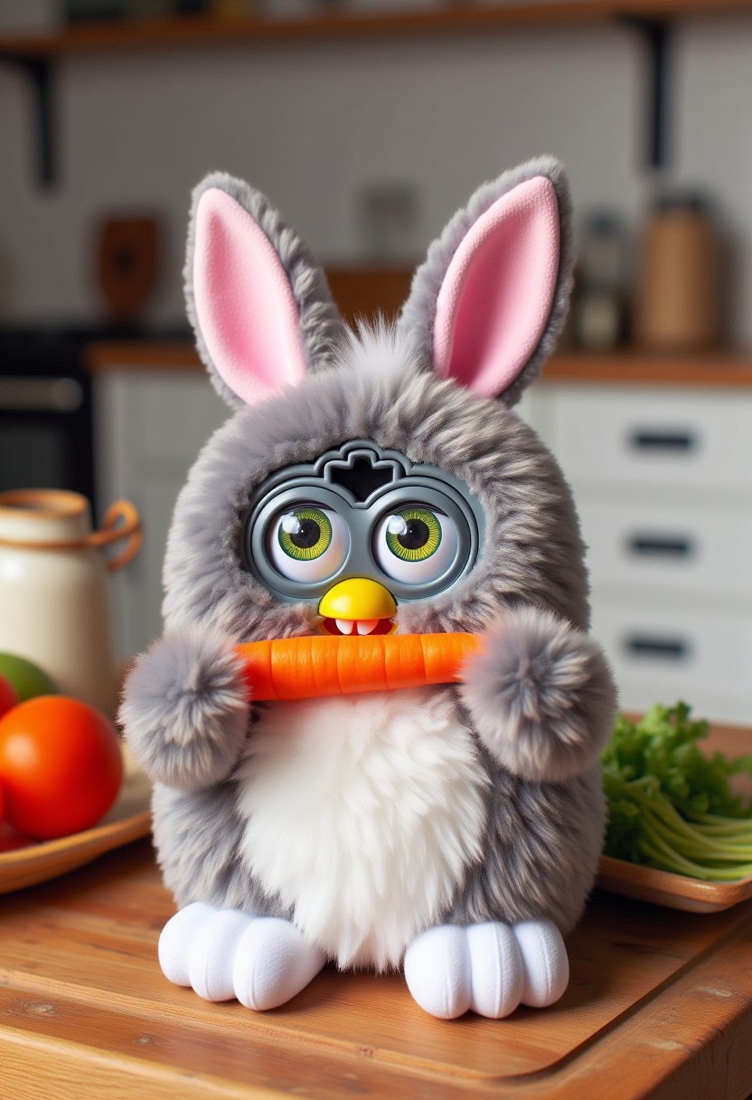 Photograph of a Furby plush toy, designed to look like bugs bunny, in a kitchen, eating a carrot.