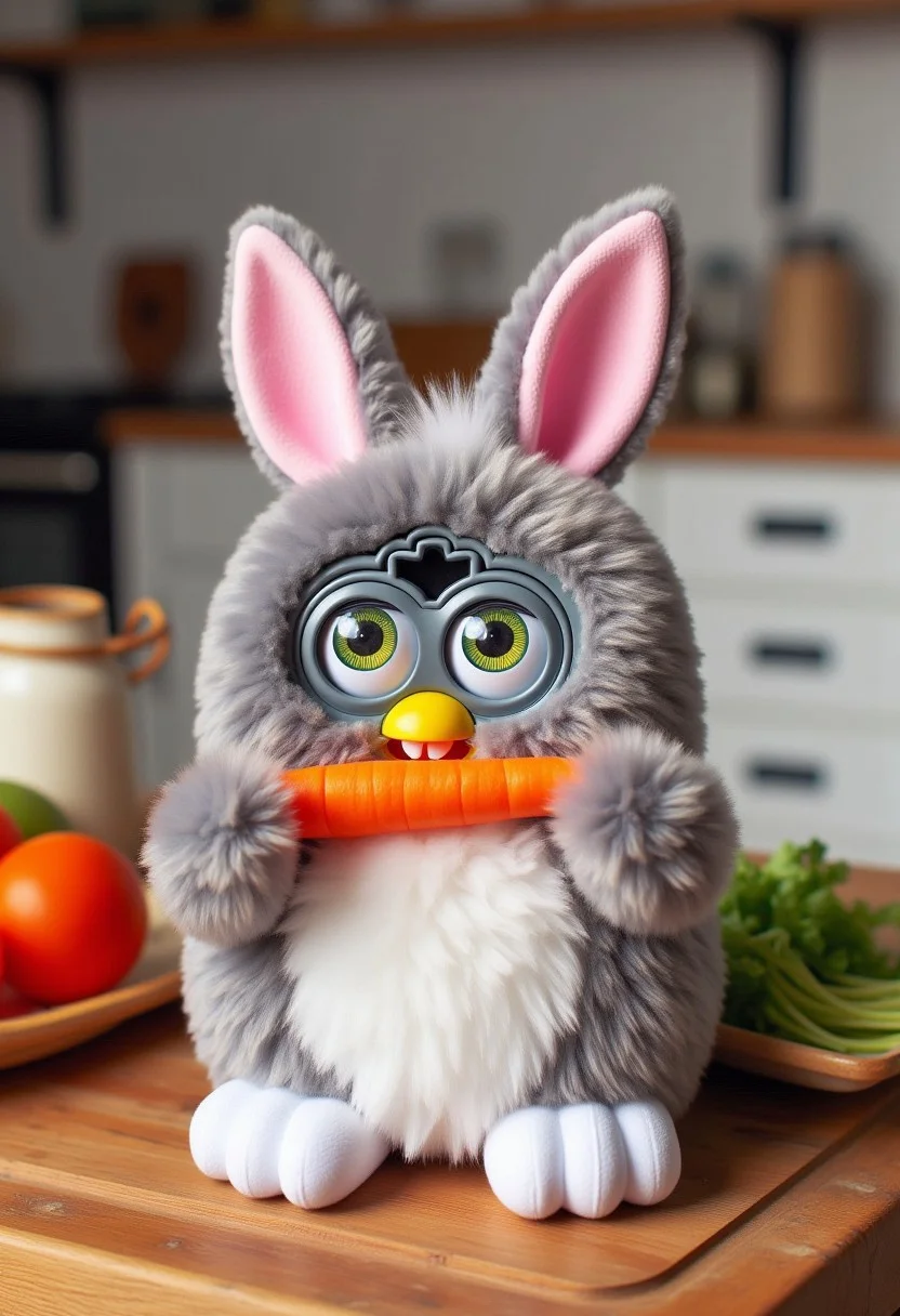 Photograph of a Furby plush toy, designed to look like bugs bunny, in a kitchen, eating a carrot.