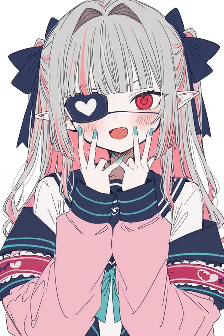 <lora:sanji_dangan_style:0.7>, sanji dangan, 3j dangan
1girl, makaino ririmu, virtual youtuber, solo, eyepatch, multicolored hair, sailor collar, simple background, streaked hair, jacket, blush, hair intakes, blue nails, heart, open mouth, pointy ears, looking at viewer, white background, red eyes, long hair, off shoulder, upper body, grey hair, hair ribbon, armband, nail polish, fang, pink hair, aqua nails, ribbon, pink jacket,