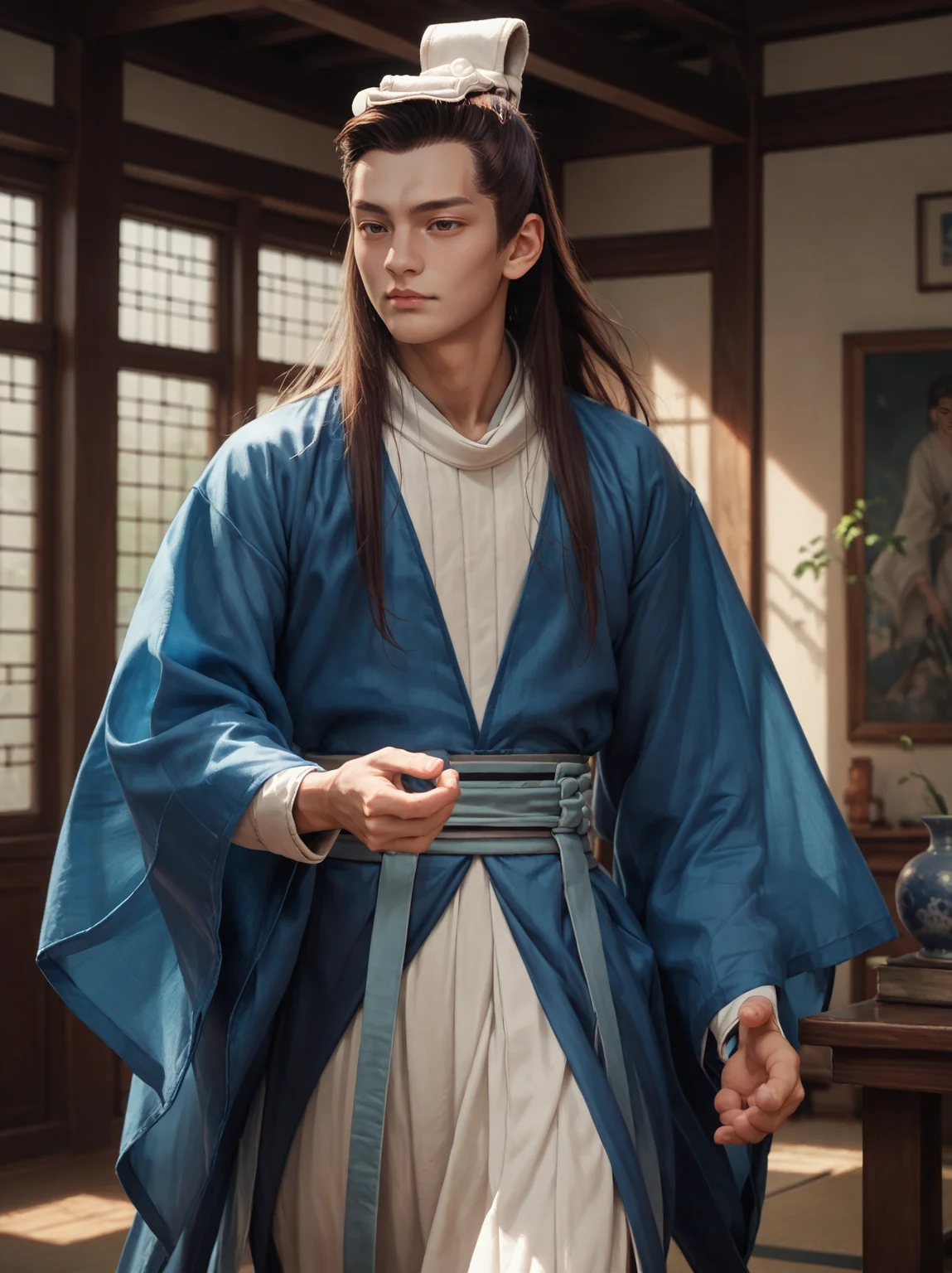 score_9, score_8_up, score_7_up, 1boy, indoors, wide sleeves, long sleeves, blue hanfu, toned, long hair, brown hair, standing, yulexuanb, single bun, bun cover, detailed realistic photo, <lora:yulexuanbluesdxlponyv1:0.8>