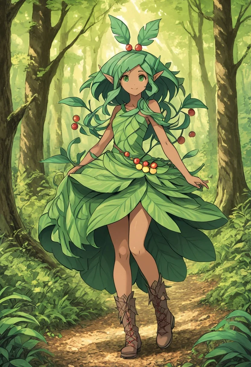 novuschroma72 style, challua_wf, green eyes, green hair, tan skin, pointy ears, leaf_dress, boots, hair ornament, anime, German dress, in a forest